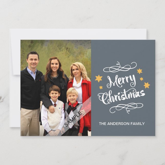 Merry Christmas Typography Personalized Photo Gray Holiday Card (Front)