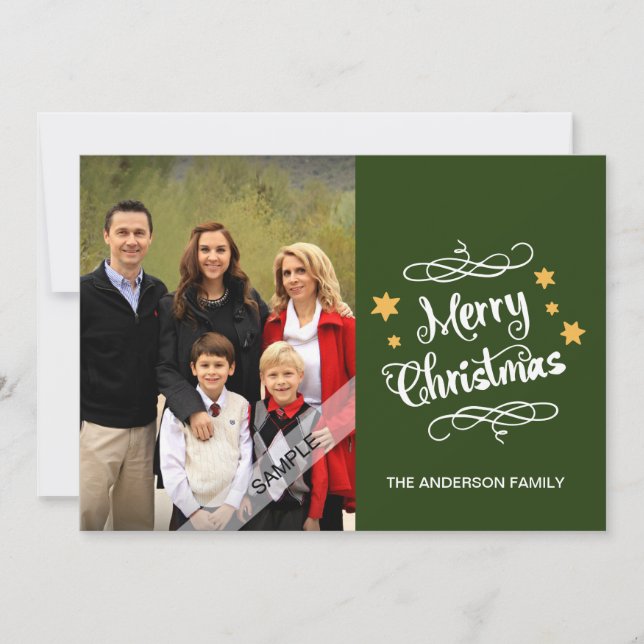 Merry Christmas Typography Personalized Photo Gree Holiday Card (Front)