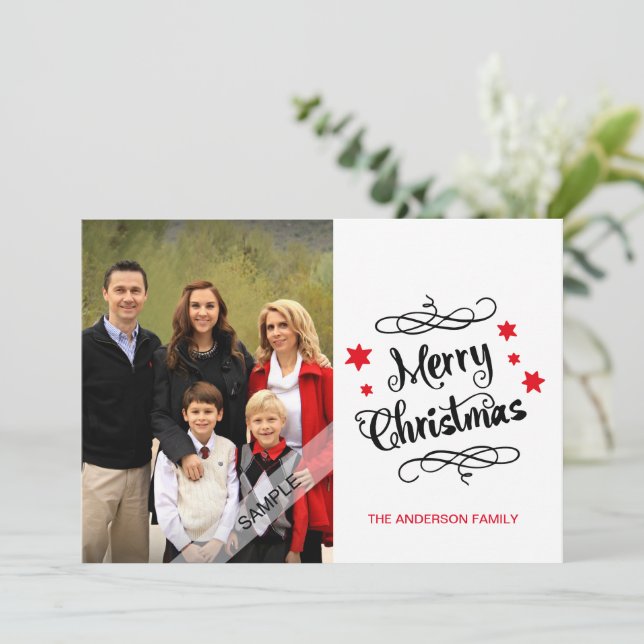 "Merry Christmas" Typography Personalized Photo Holiday Card (Standing Front)