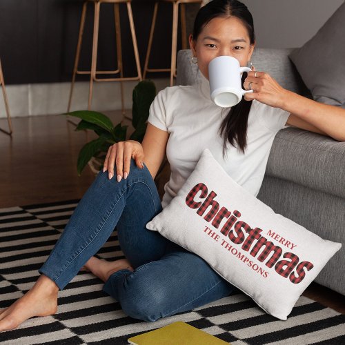 Merry Christmas Typography Personalized Plaid Lumbar Pillow