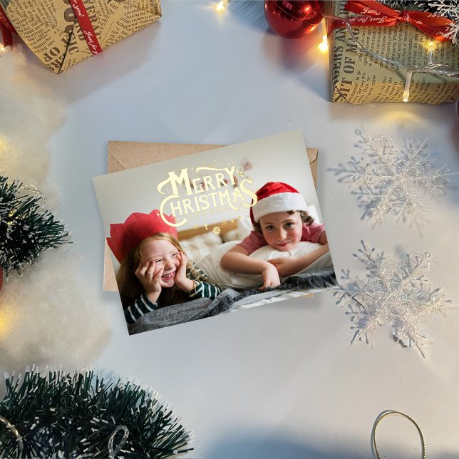 Merry Christmas Typography Photo Custom Foil Holiday Postcard (Creator Uploaded)