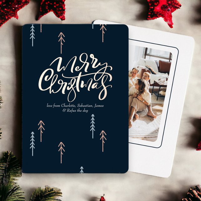 Merry Christmas Typography Photo Personalized Foil Holiday Card (Merry Christmas real foil typography with Christmas tree detail, holiday cards from Ricaso)