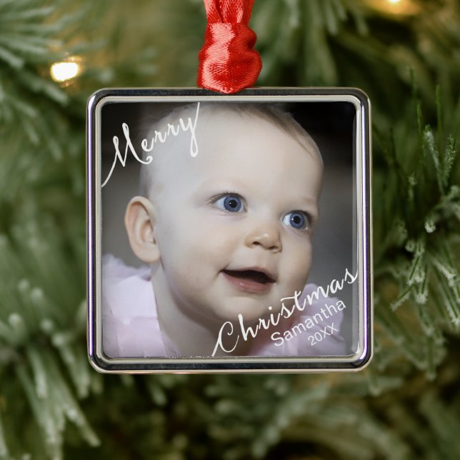 Merry Christmas Typography Photo & Year Custom Metal Ornament (Tree)