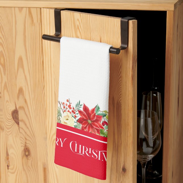 Merry Christmas typography & poinsettia border Kitchen Towel (Thirds Fold)