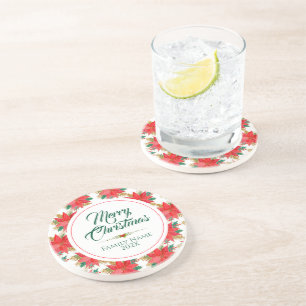 Merry Christmas Typography & Poinsettia Pattern Coaster