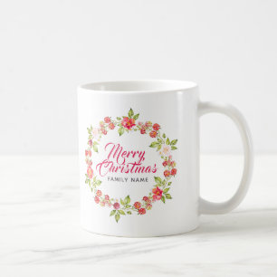 Merry Christmas Typography & Red Berries Wreath Coffee Mug