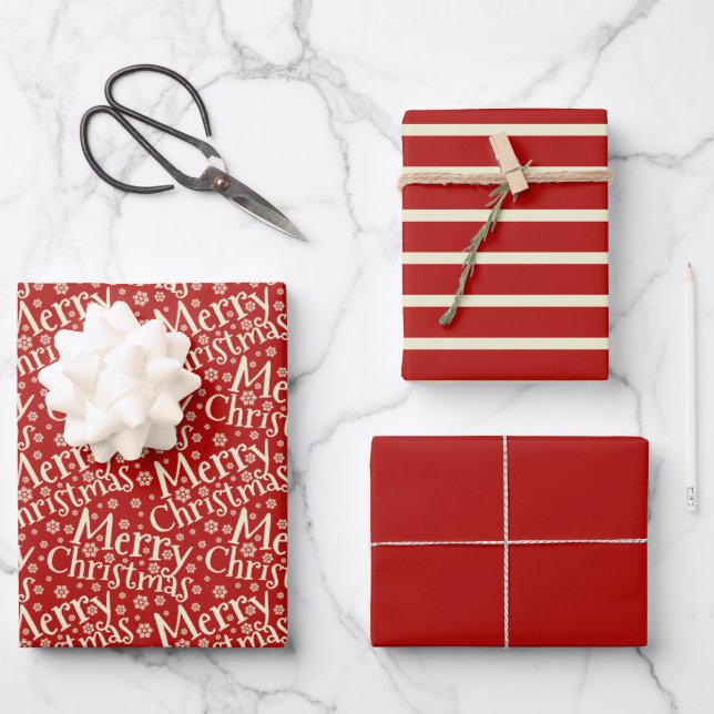 Merry Christmas Typography Red Cream Pattern Wrapping Paper Sheets (Front)