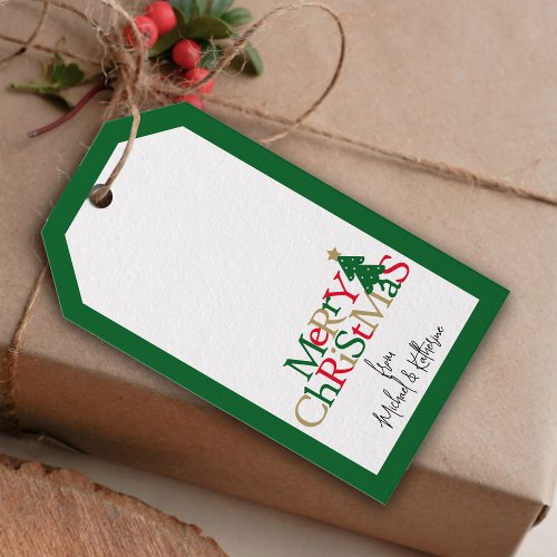 Merry Christmas Typography Red Green Gold Gift Tags