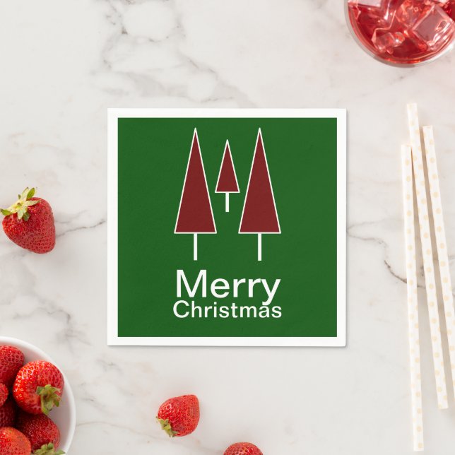 Merry Christmas Typography Red Green Pine Trees Napkins (Insitu)