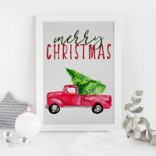 Merry Christmas Typography Red Truck Tree Festive Poster