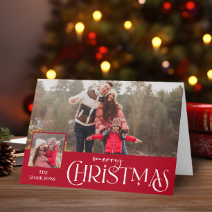 Merry Christmas Typography Red Two-Photo Card