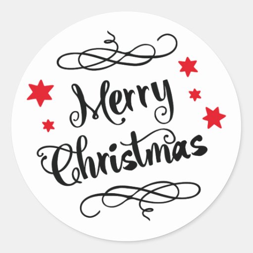 Merry Christmas Typography Red White Classic Round Sticker | Zazzle