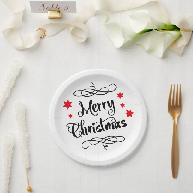 Merry Christmas Typography Red White Paper Plates (Wedding)