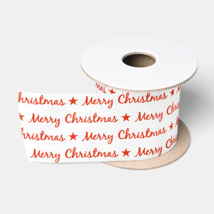 Merry Christmas Typography Red White Pattern Satin Ribbon