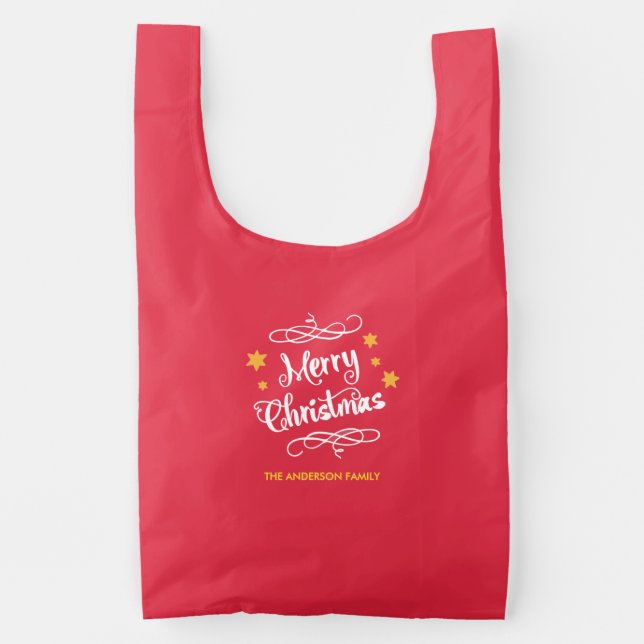 Merry Christmas Typography Red White Reusable Bag (Front)