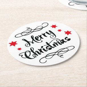 Merry Christmas Typography Red White Round Paper Coaster