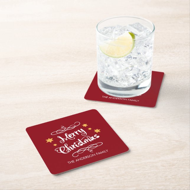 Merry Christmas Typography Red White Square Paper Coaster (Insitu)