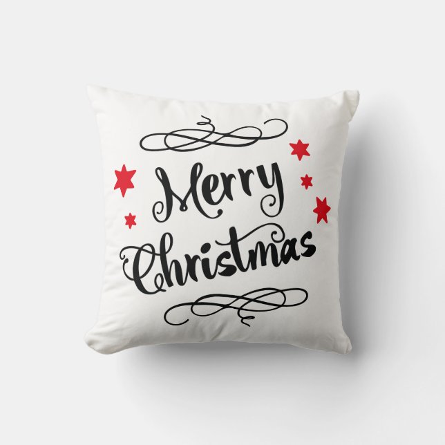 Merry Christmas Typography Red White Throw Pillow (Front)