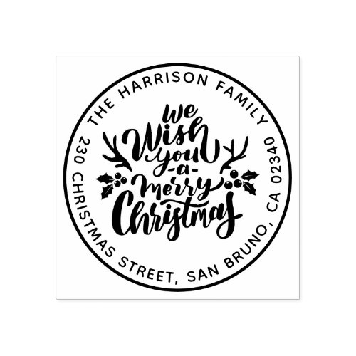 Merry Christmas Typography Round Return Address Rubber Stamp