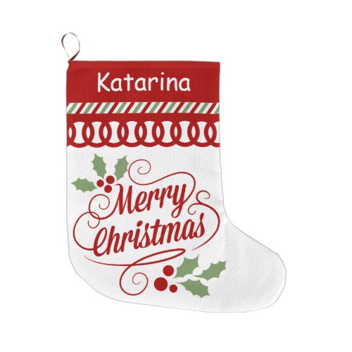 Merry Christmas Typography Scallop Large Christmas Stocking