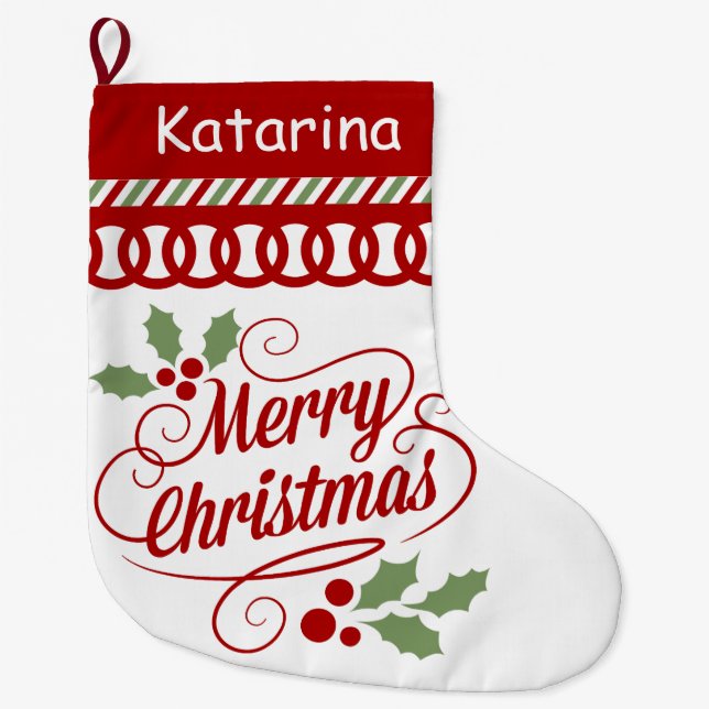 Merry Christmas Typography Scallop Large Christmas Stocking (Front)