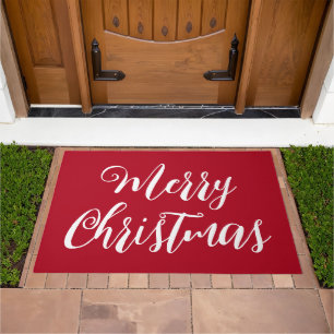 Merry Christmas Typography Script Red  Doormat