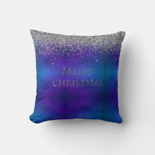Merry Christmas Typography Silver Glitter Elegant Throw Pillow