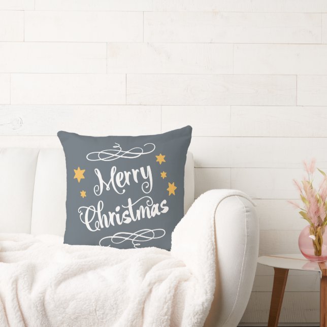 Merry Christmas Typography Slate Gray White Throw Pillow (Couch)
