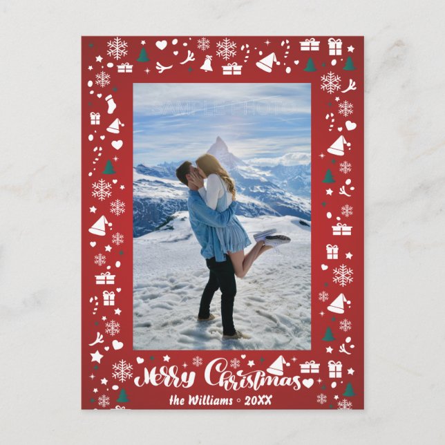 Merry Christmas Typography Snow Red Family Photo Postcard (Front)