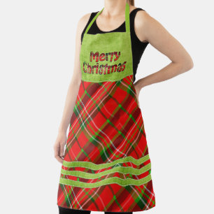 Merry Christmas Typography Tartan Red Green Plaid Apron