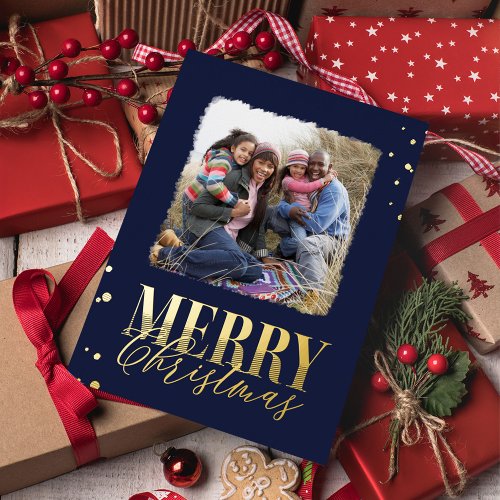 Merry Christmas Typography Traditional Navy Blue  Foil Holiday Postcard