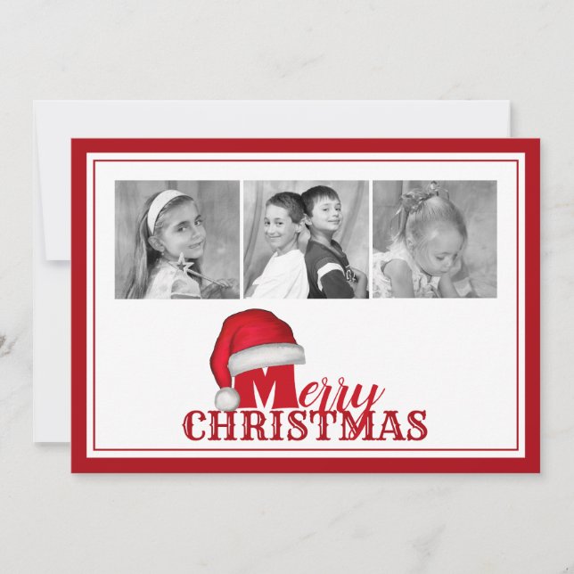 Merry Christmas Typography Traditional Santa Hat  Holiday Card (Front)