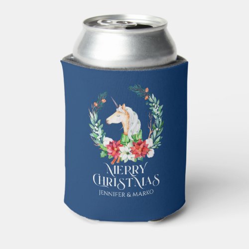 Merry Christmas typography Unicorn and poinsettia Can Cooler