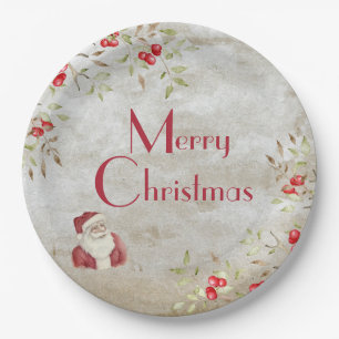 “Merry Christmas” Typography Watercolor Santa Paper Plates