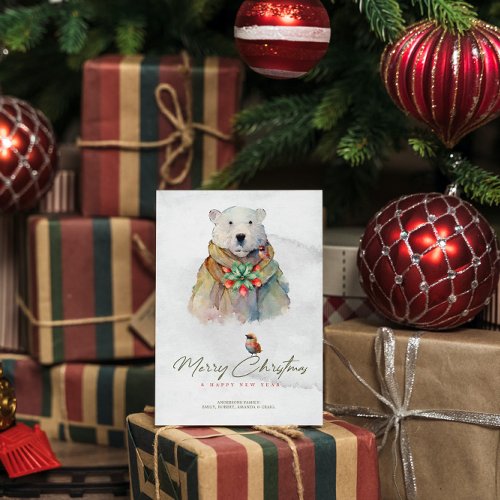 Merry Christmas typography White Bear Red Robin  Invitation