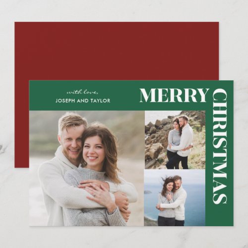 Merry Christmas Typography White on Green 3 Photos Holiday Card