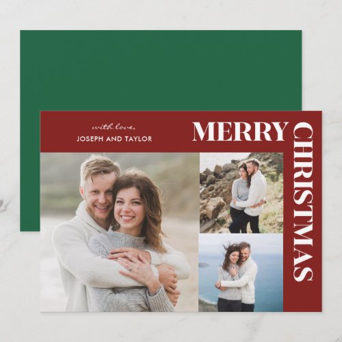 Merry Christmas Typography White on Red 3 Photos Holiday Card