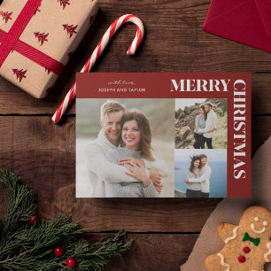 Merry Christmas Typography White on Red 3 Photos Holiday Card
