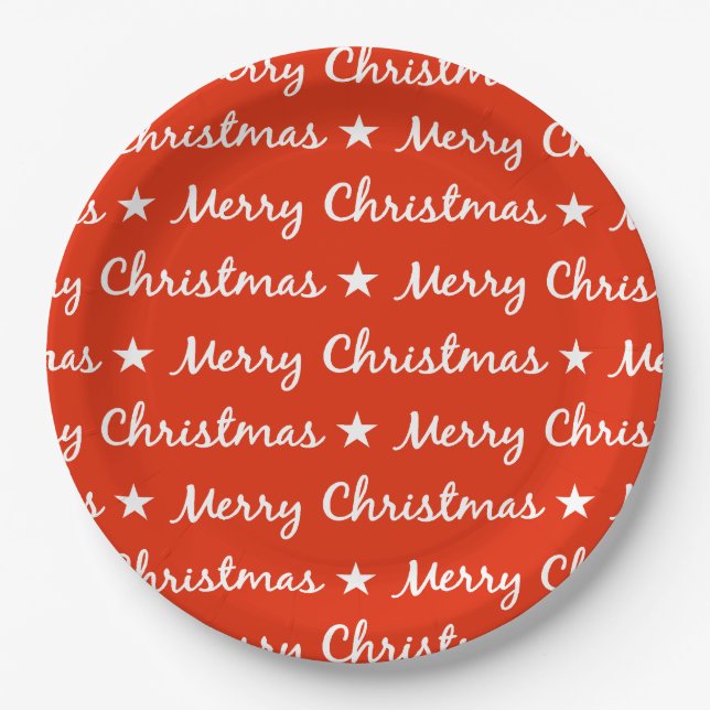 Merry Christmas Typography White Red Pattern Paper Plates (Front)