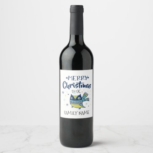 Merry Christmas Typography With Cute Owl Wine Label