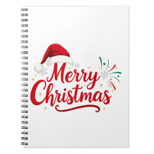 Merry Christmas Typography with Santa Hat and Snow Notebook