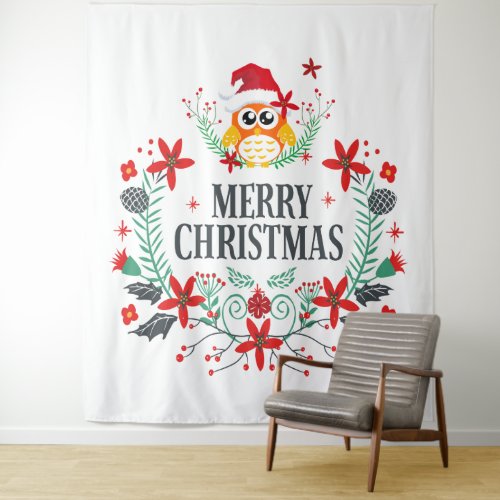 Merry Christmas Typography Wreath  Owl Tapestry