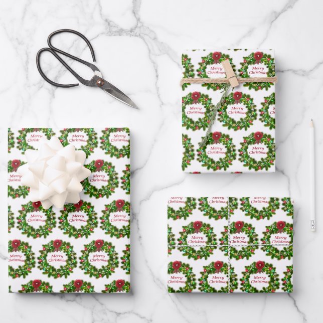 Merry Christmas Typography Wreath Red Green Wrapping Paper Sheets (Front)