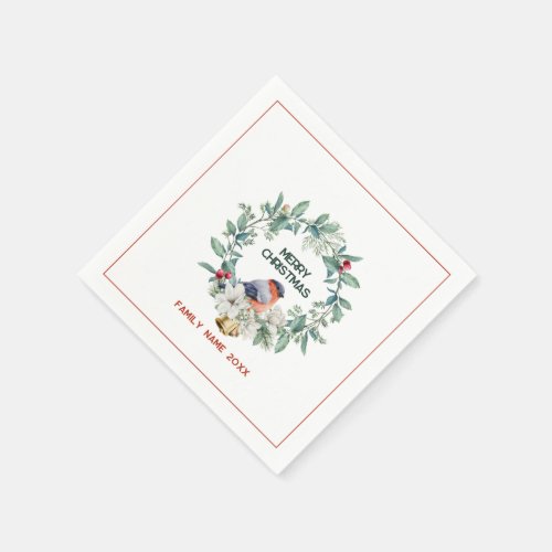 Merry Christmas Typography Wreath  Red Robin Napkins