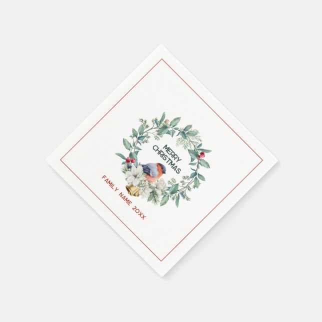 Merry Christmas Typography Wreath & Red Robin Napkins (Corner)
