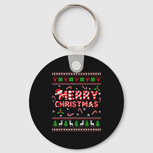 Merry Christmas Ugly Sweater Candy Cane Men Women  Keychain (Front)