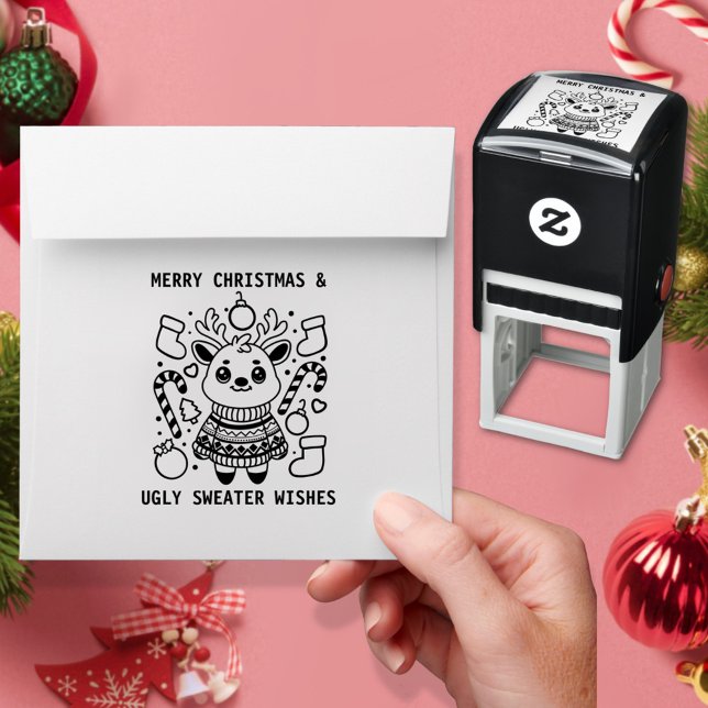 Merry Christmas & Ugly Sweater Wishes Cute Reindee Self-inking Stamp (Creator Uploaded)
