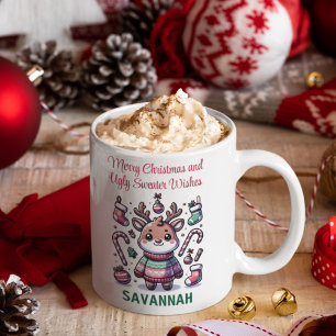Merry Christmas & Ugly Sweater Wishes Reindeer Coffee Mug