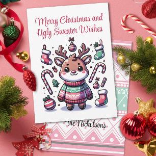 Merry Christmas & Ugly Sweater Wishes Reindeer Holiday Card