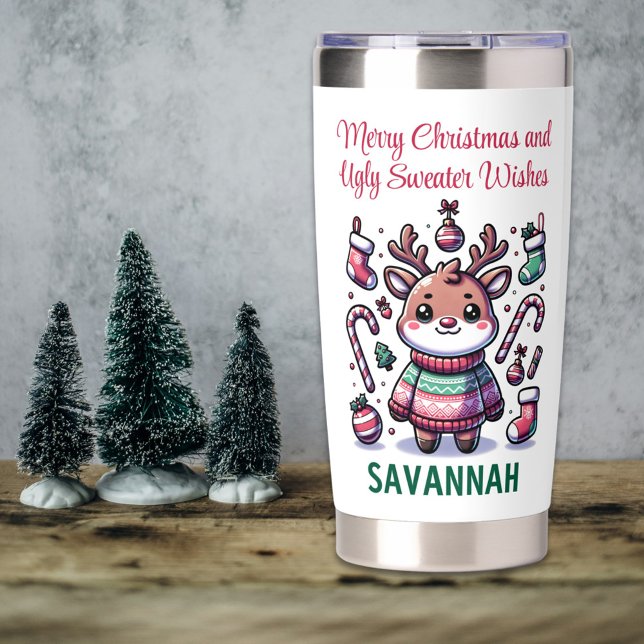 Merry Christmas & Ugly Sweater Wishes Reindeer Insulated Tumbler (Creator Uploaded)